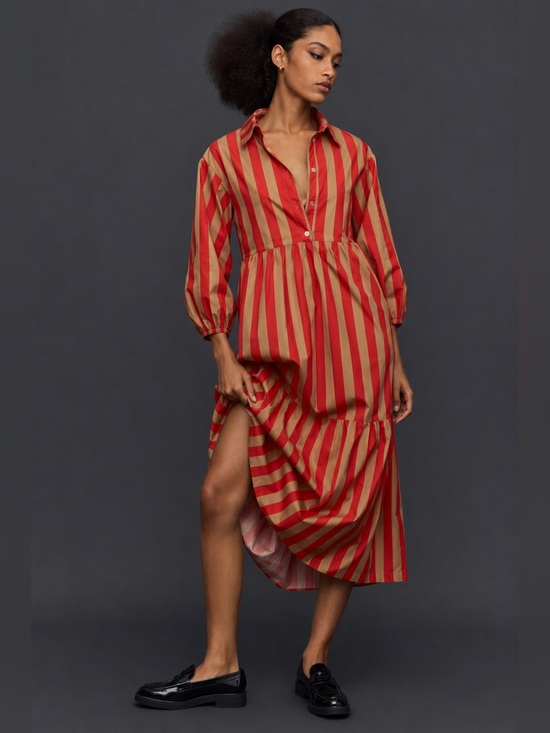 Anthropologie Dresses & Skirts - Anthropologie Maeve Bettina Striped Tiered Poplin Shirt Midi Dress Size M
